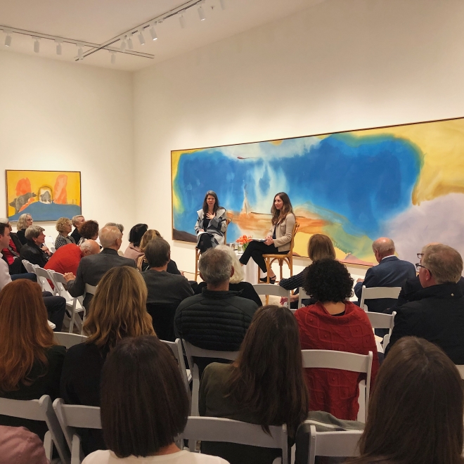Sarah Roberts (left) and Suzanne Hudson (right) at Berggruen Gallery on November 6, 2019